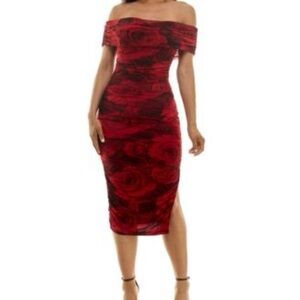 Red Floral Off-Shoulder Midi Dress EC. Size S fits S and M